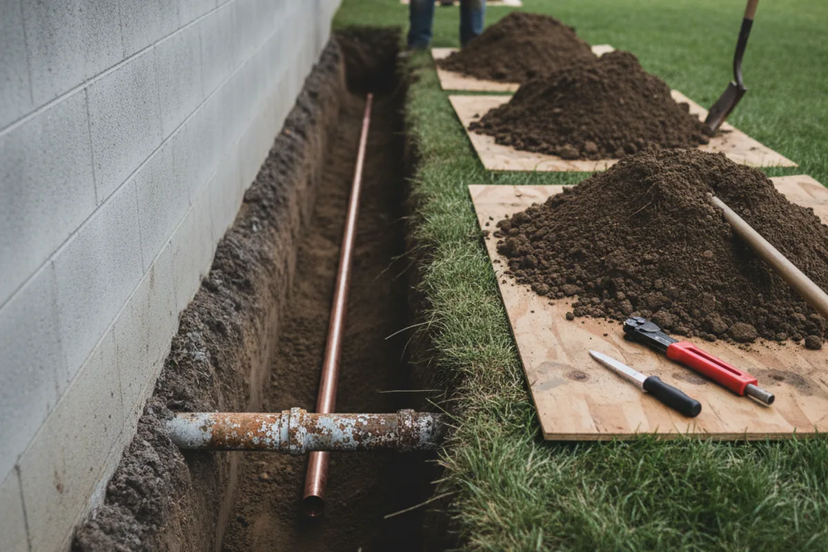 Excavated water line trench during Water Heater Repair in Summertown